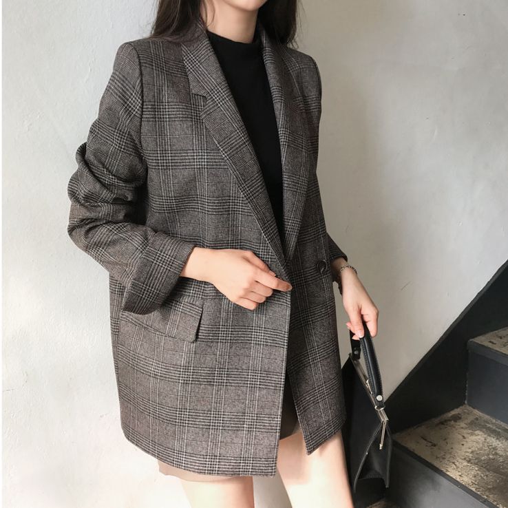 2026 Early Autumn Retro Simple Plaid Suit Collar Two-Button Loose Double-Pocket Long-Sleeve Blazer for Women 2026 Early Autumn Retro Simple Plaid Suit Collar Two-Button Loose Double-Pocket Long-Sleeve Blazer for Women