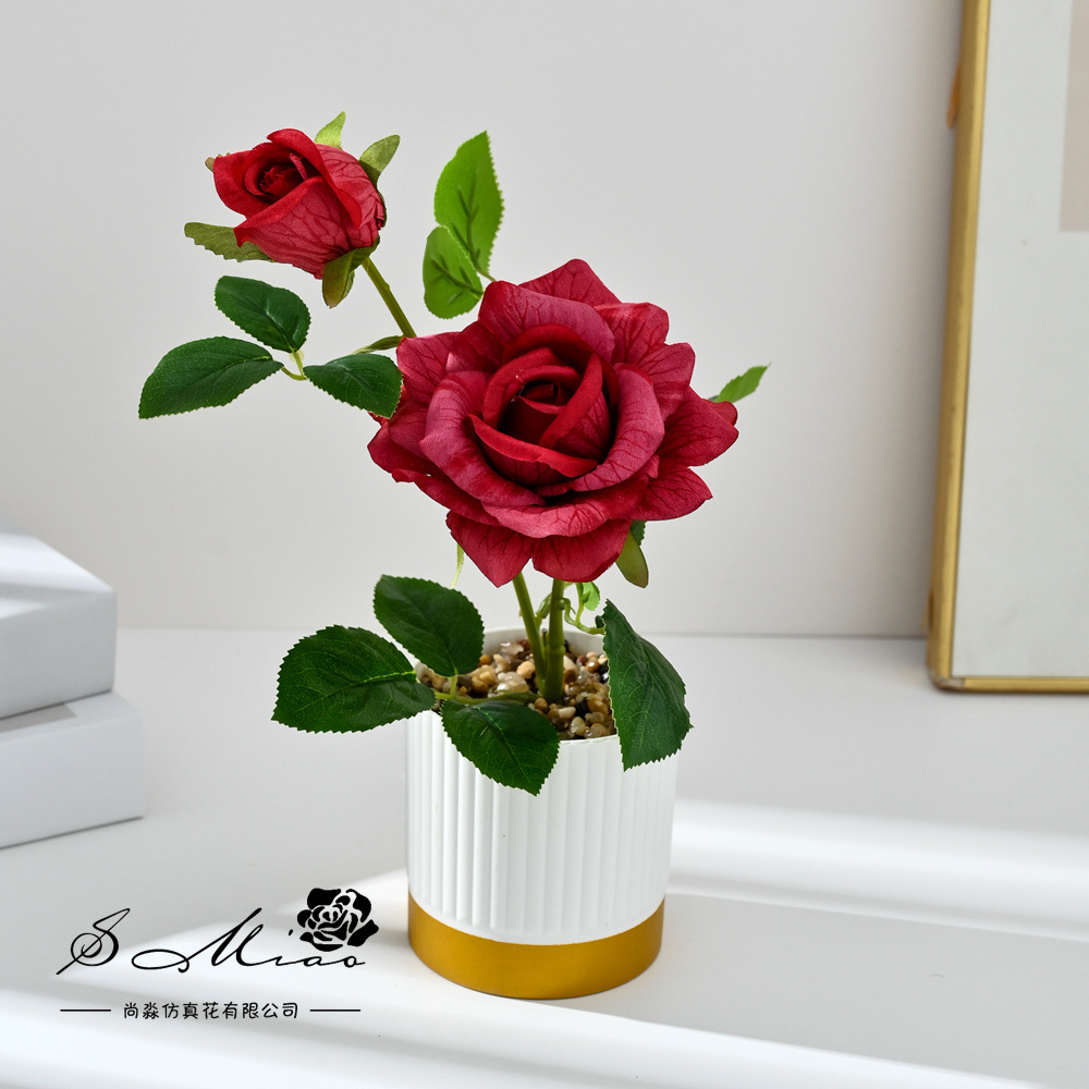 Cross-border dos extremos rosa bonsai moda imitación maceta flores falsas decoración del hogar fotografía ornamentos de flores artificiales de boda