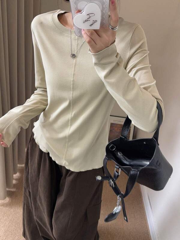 25秋季新款经典简约纯色中缝线木耳边长袖T恤女弹力修身百搭内搭|undefined