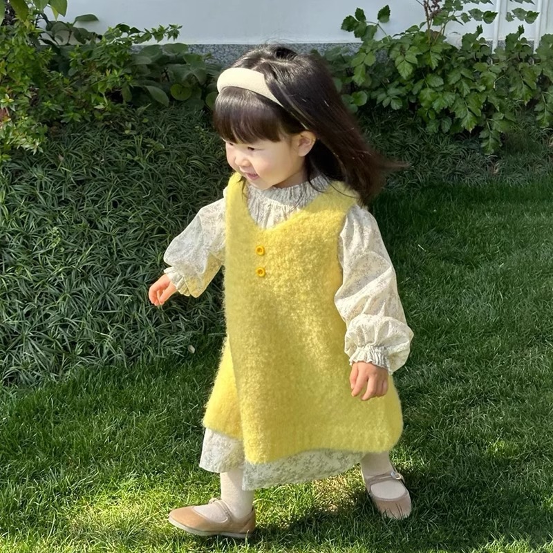 女童连衣裙清新羊毛圈圈纱背心裙女宝宝纯色春款儿童黄色裙子潮