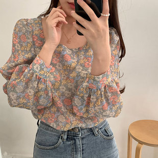 South Korea chic vigor girl spring and autumn sweet age-reducing floral vintage square collar long sleeve shirt loose chiffon top