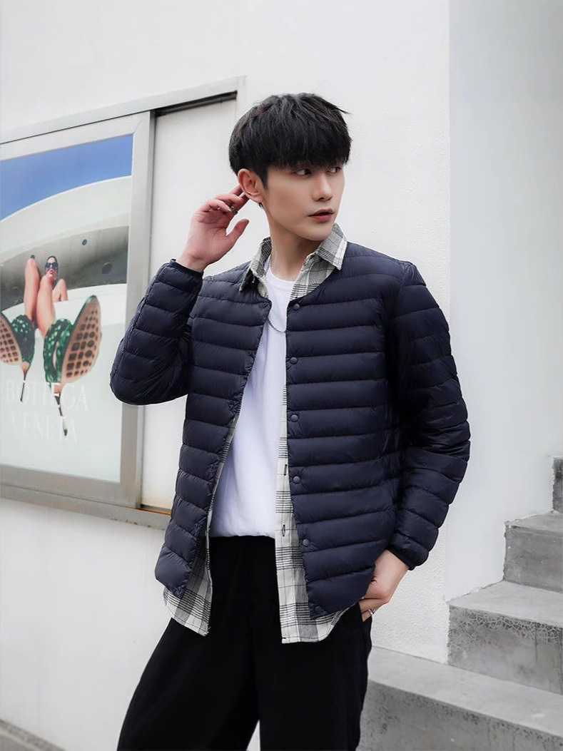 Transfronterizo Tik Tok nuevo chaqueta de pluma ligera hombre sin cuello calentador interior de cuello redondo grande vestir chaqueta de cuello V