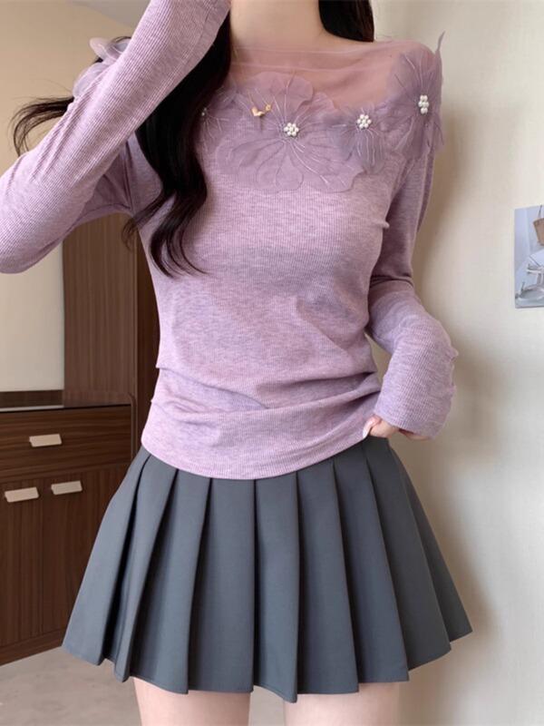 紫色一字肩网纱花边长袖针织衫女早秋大码胖mm收腰显瘦高级感上衣|undefined