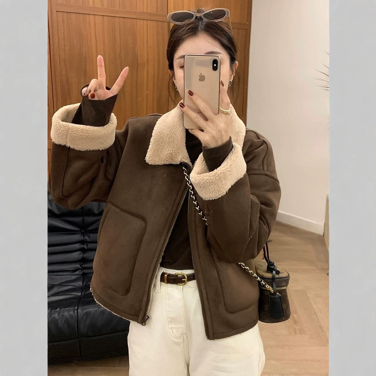 Women's short winter lamb wool coat, petite style, thick and fleece-lined, Chanel-inspired chic design, shearling top
