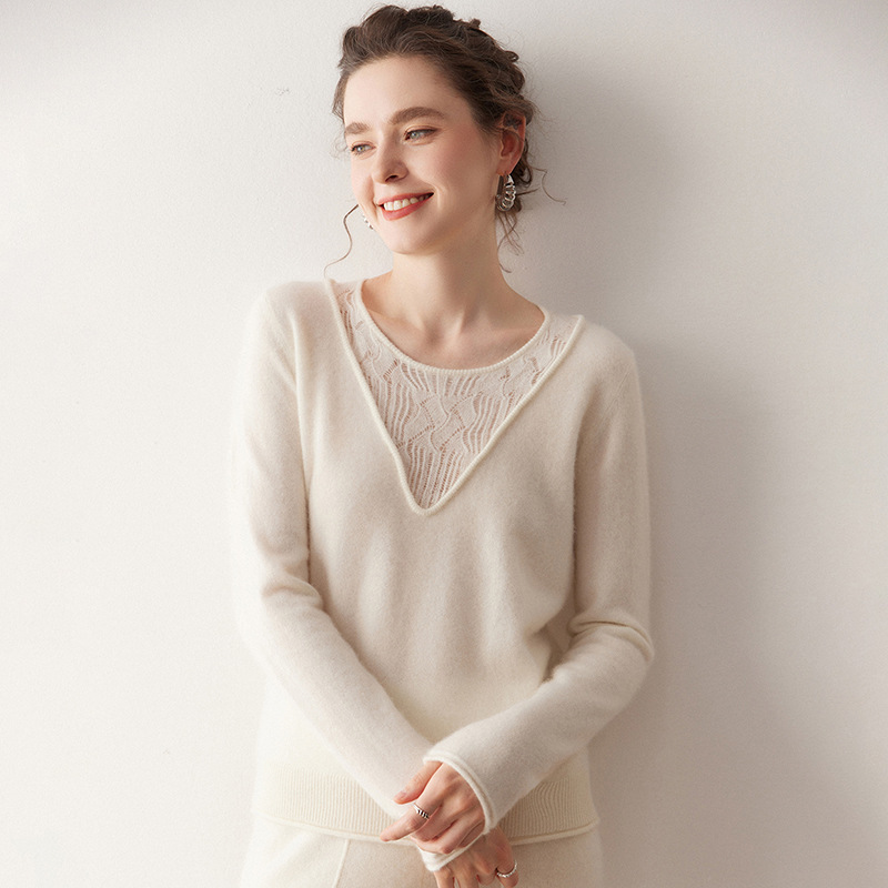 Cashmere Sweater Round V Neck Chest Lace Splicing Sweater Autumn and Winter New Stylish Trendy Design Pullover Bottoming Shirt