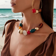 韩国欧美风时尚锁骨颈链双层糖果色水晶choker项链女士首饰套装