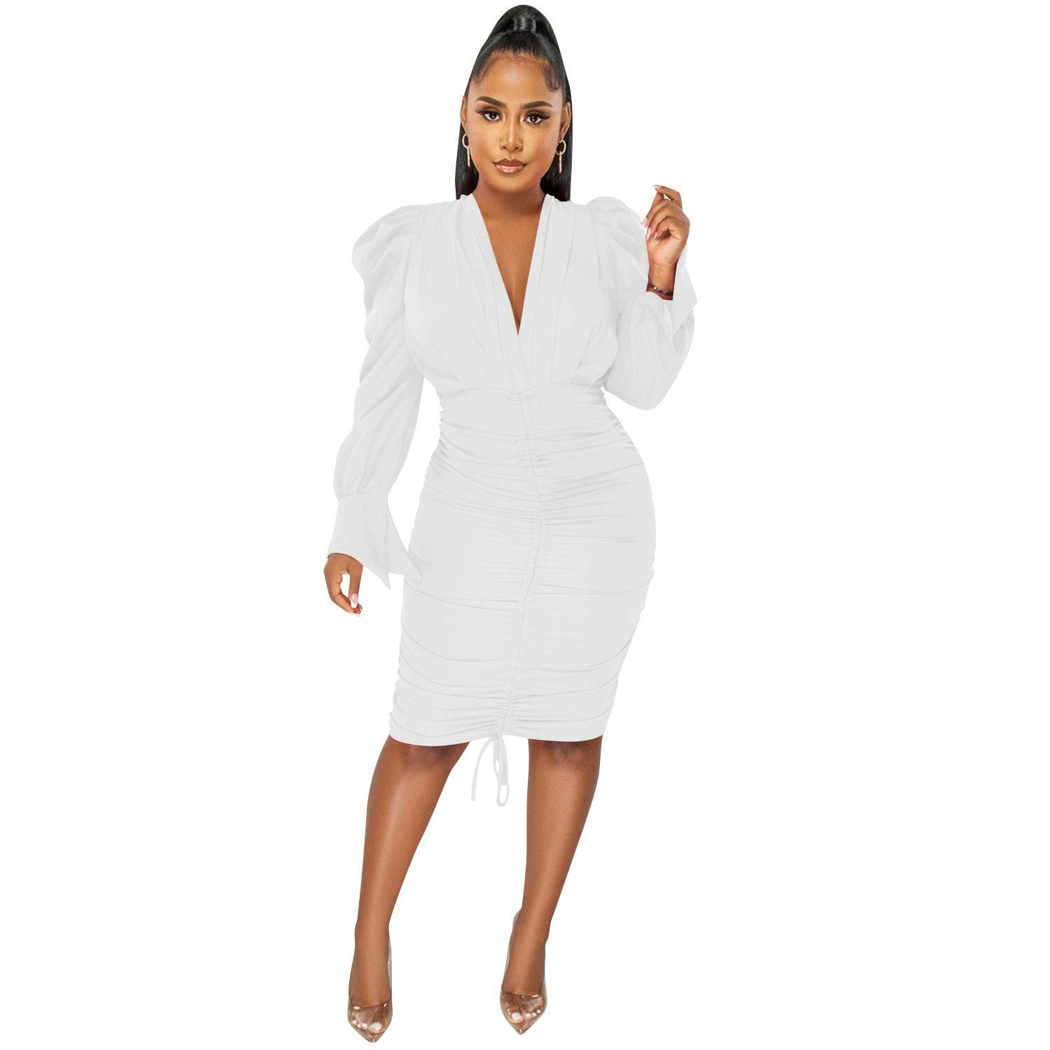 X5893 transfronteriza nueva Europa y América AliExpress Amazon Moda casual de color sólido de manga larga plisada con cuello en V vestido de las mujeres image 11