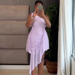 现货 欧美跨境女装2025秋季新款时尚单肩荷叶边不规则纯色连衣裙
