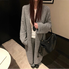 韩系慵懒风灰色针织开衫外套女秋冬新款宽松休闲百搭长款毛衣外搭
