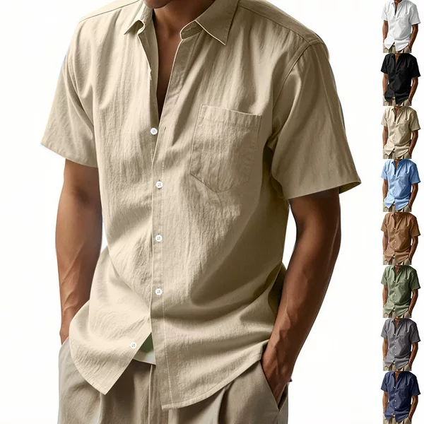 Cross-border Amazon New Solid Color Linen Lapel Short-sleeved Shirt Men's Loose Casual Pocket American Shirt Summer
