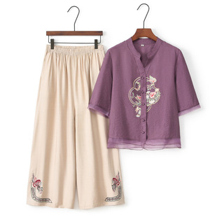 Fashion Western Style Mother Dress Embroidery Flower Suit Summer New Tencel Cotton Linen Butterfly Love Flower Middle-aged and Elderly Slimming Grandma Dress