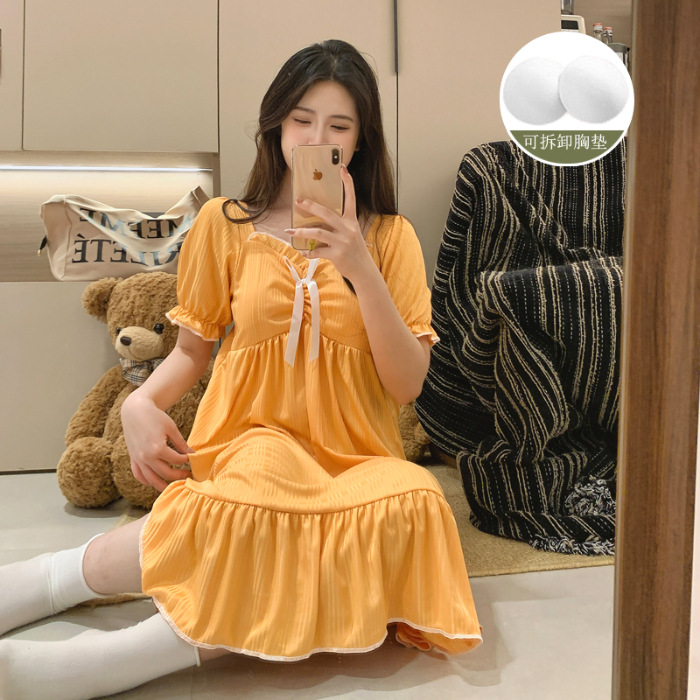 Fábrica directa de verano vestido de pijama de mujer sobre rodillas dopamina de color sólido plegado pozo cómodo vestido de hogar vestido largo cojín de pecho