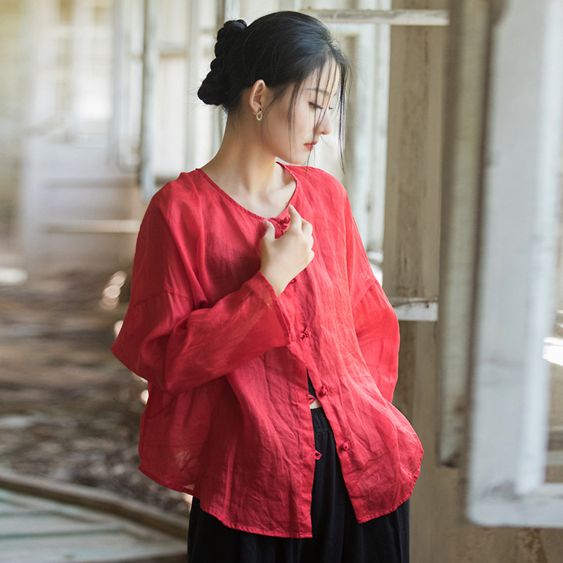 Camisa fina tipo cárdigan de mujer, estilo artístico, con botones, de algodón y lino, con protección solar, lavada con arena, 100 unidades, nueva colección otoño 26.