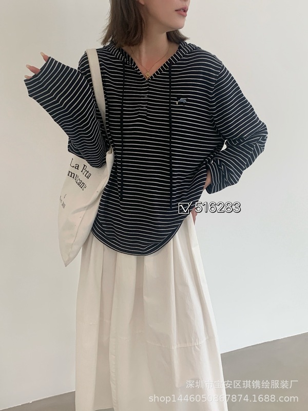 琪镌绘制秋季慵懒学院风连帽拼接打底衫休闲宽松长袖上衣女516283|undefined