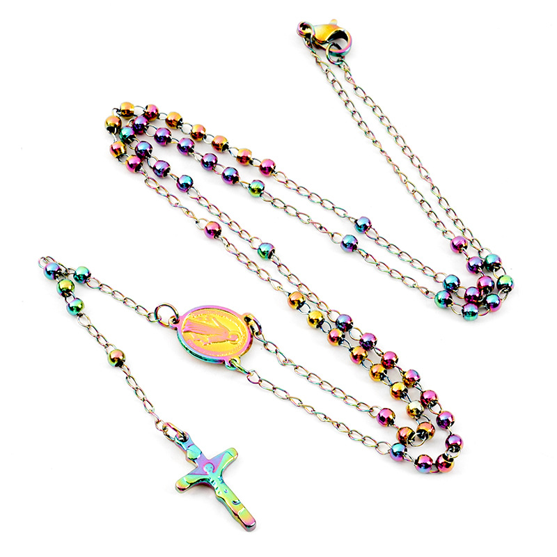 Ethnic Style Cross Stainless Steel Beaded Plating Pendant Necklace_colorza_3