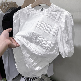 European Chiffon Shirt French Puff Sleeve Women's Summer Short Sleeve 2024 New Arrival Black Stylisch Cardigan Summer Round Neck