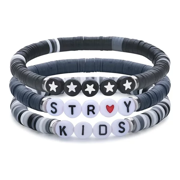 Amazon Cross-Border New Product Black and White Gray Color Soft Pottery Acrylic Letters Men's and Women's Elastic Bracelet Set