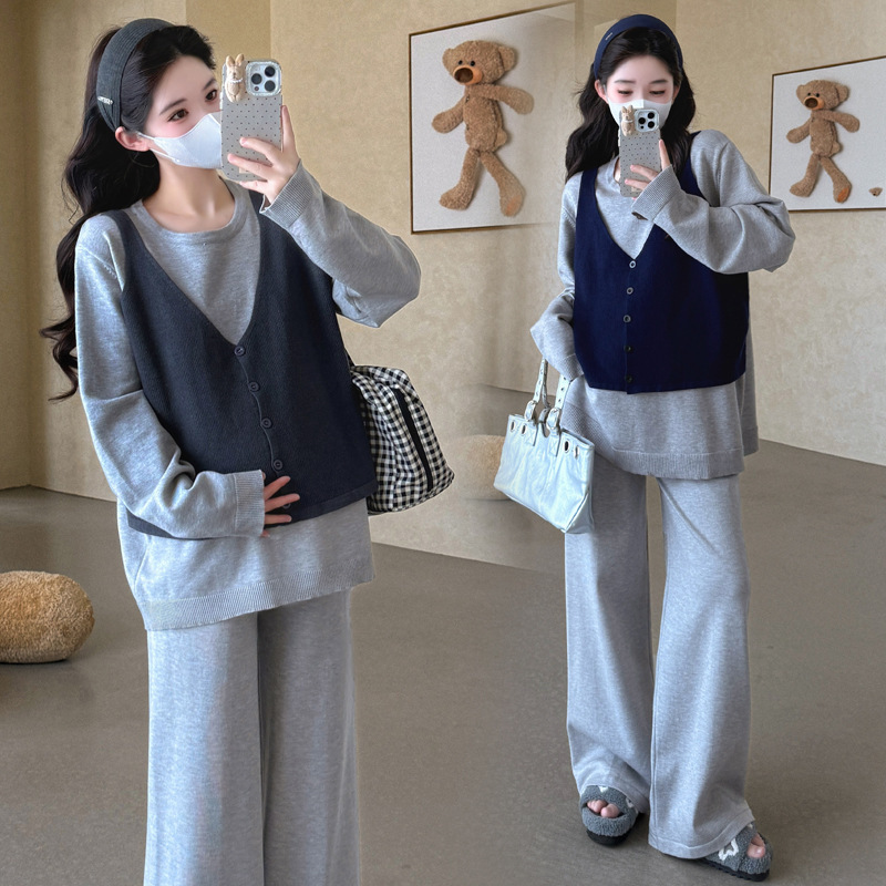 网红款秋冬新品时尚假两件拼接马甲针织阔腿裤慵懒风潮妈孕妇套装|undefined