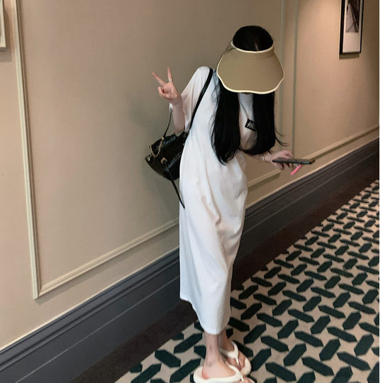 Korean chic black printed T-shirt dress women's summer 2022 new loose split mid-length skirt