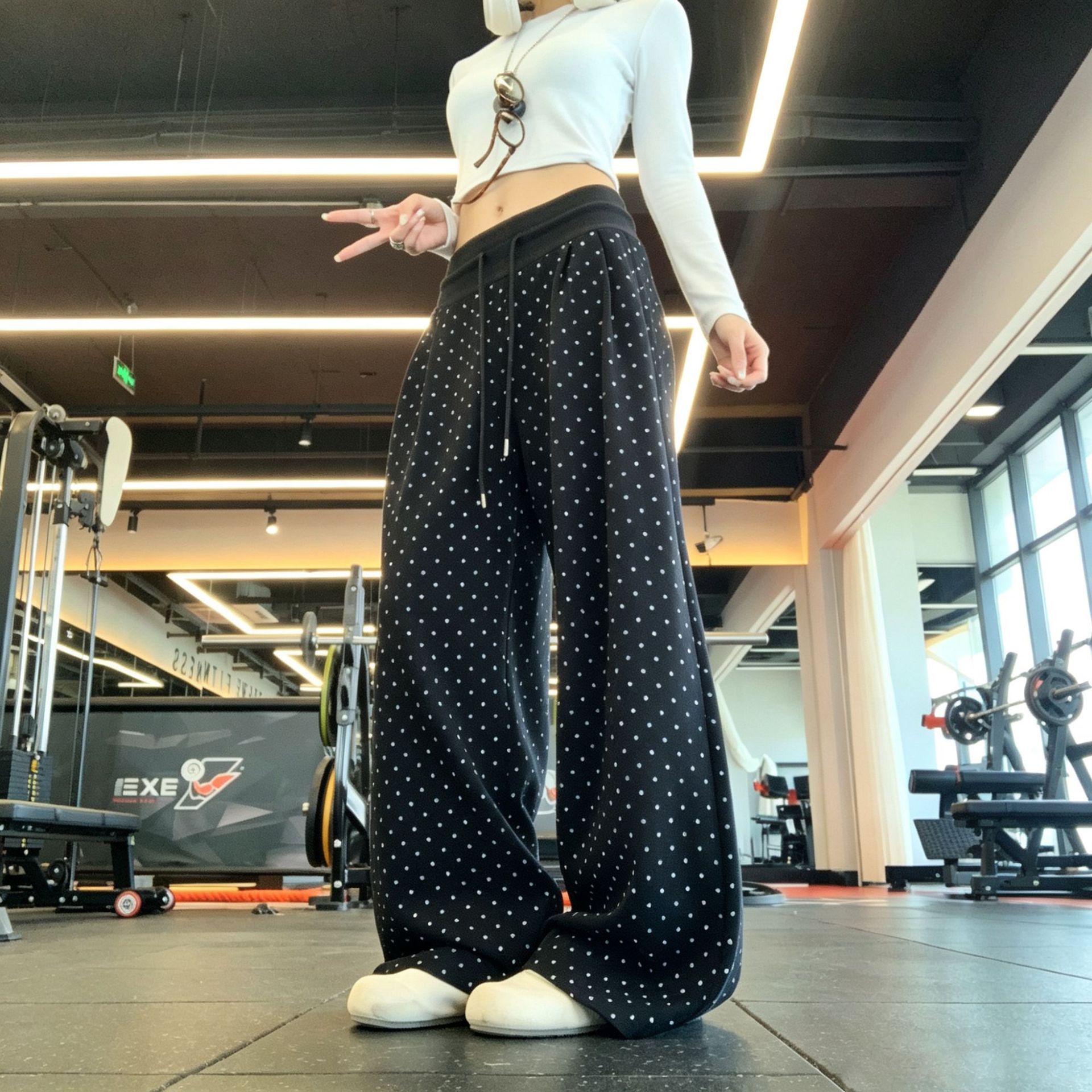 弯刀运动裤女2026秋季新款波点高腰显瘦宽松阔腿裤慵懒风休闲卫裤