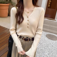 韩版ins风v领打底针织衫毛衣女秋冬季软糯坑条内搭高级感洋气上衣