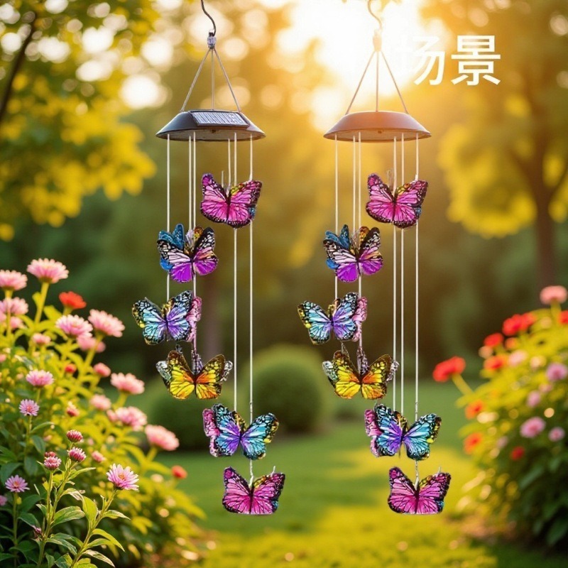 Cross-Border New Outdoor Waterproof Solar Butterfly Wind Chime Garden Light Butterfly Flower Artificial Flower Decorative Holiday Light