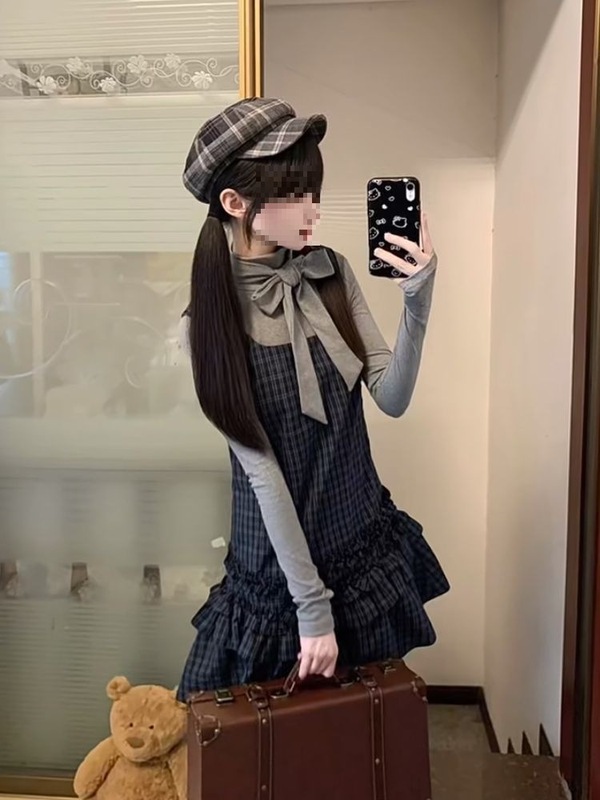 少女心事 秋装新款日系古早vintage设计蝴蝶结上衣格纹连衣裙套装|undefined