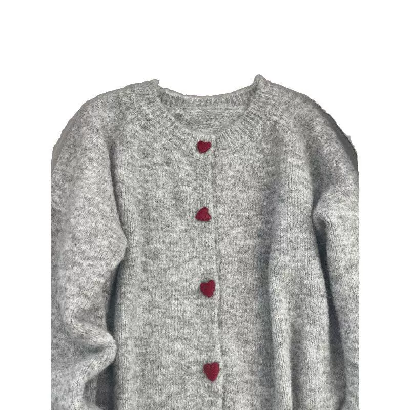 Oversized sweater jacket cardigan, round collar, gray knit with red heart buttons, cozy autumn fit