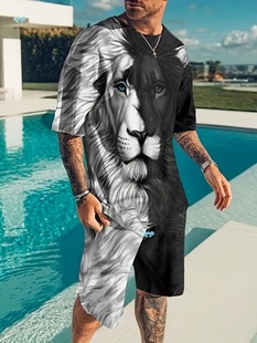 Plus Size Men's 2 Piece Summer Casual Suit Color Block Lion