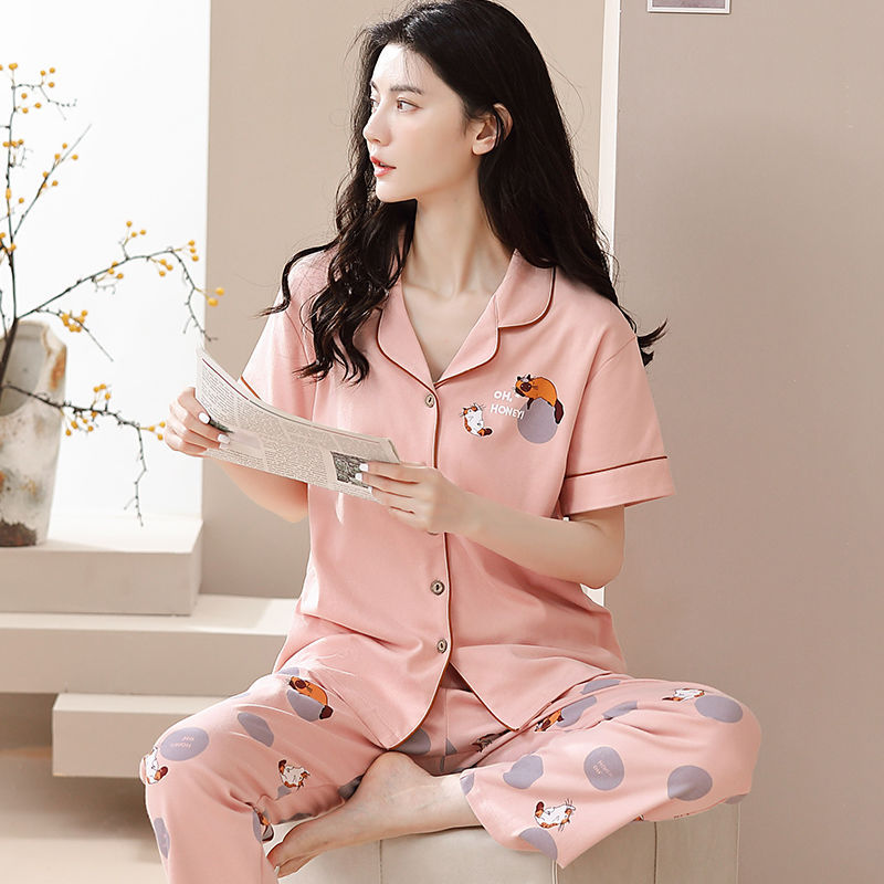 Nuevos pijamas de verano de las mujeres pantalones de manga corta 100% algodón Delgado solapa casual de las mujeres mamá ropa de casa traje de verano