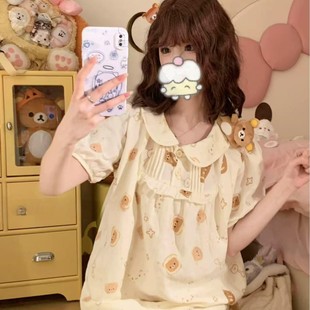 New! Rilakkuma Cotton Double-Layer Gauze Doll Collar Loose Short-Sleeved Shorts Pajamas Home Wear Set