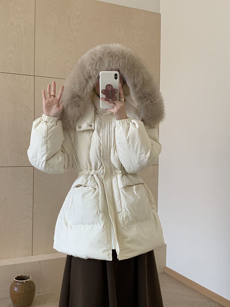 高級韓国風ダウンジャケット レディース ショート丈 2025年冬新作 厚手 フォックスファー襟 ウエストシェイプ 細見え ホワイトダックダウンジャケット