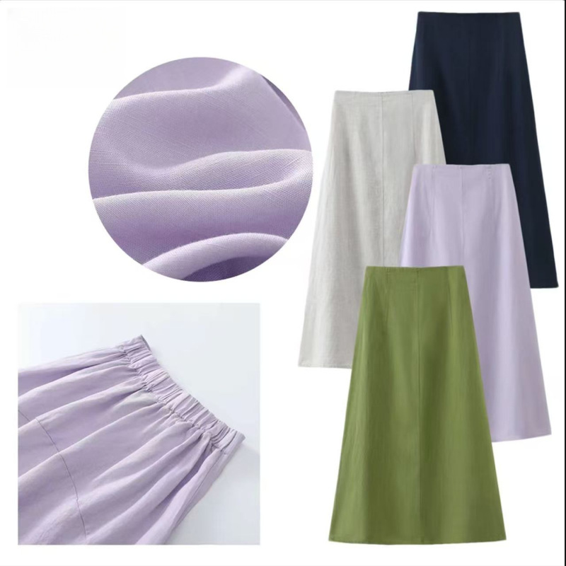 [Two Lengths] Linen Skirt Casual Versatile Slimming Mid-Length Skirt Summer Embroidered with Tags Distressed Texture