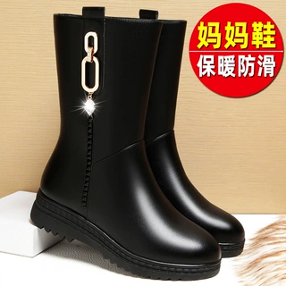 冬季时装女靴圆头气质水钻舒适不累脚便捷侧拉链粗跟平跟厚底棉靴