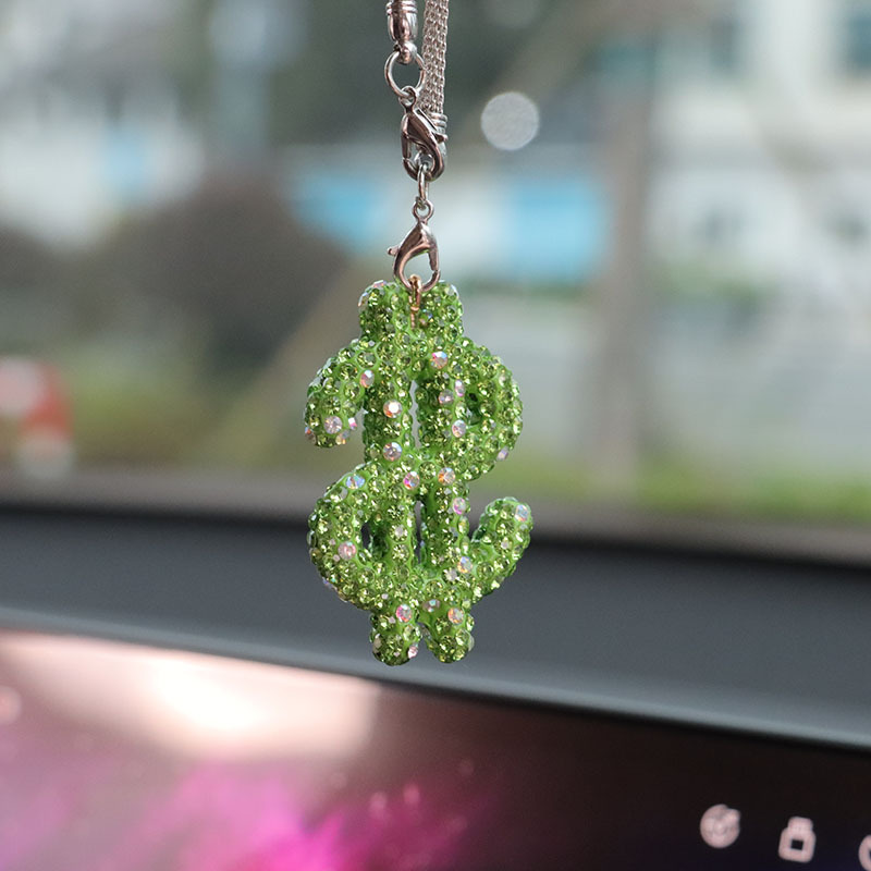 Pendant, Qìchē Car hanging - green-rhinestone-dollar-sign