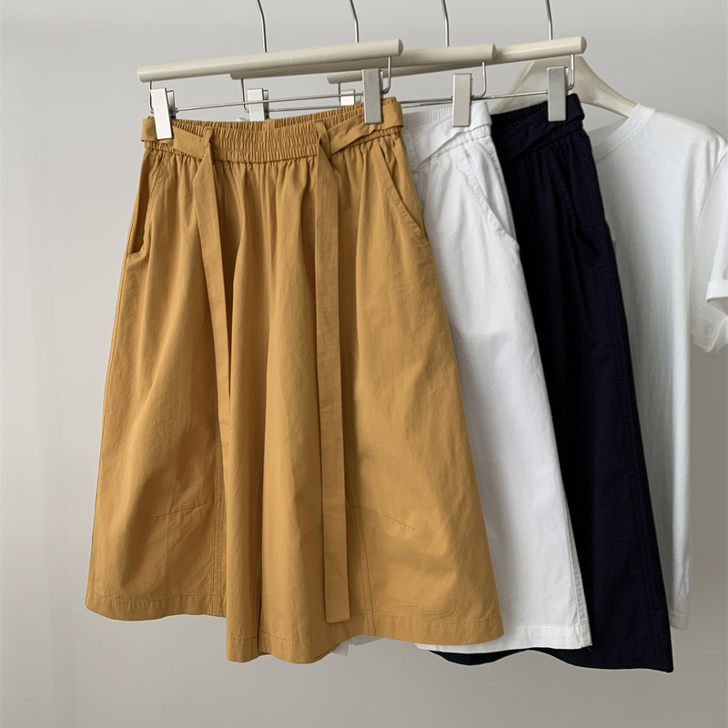 Vintage Washed Cotton Drawstring Wide-Leg Cropped Pants for Women, Slimming and Versatile, Workwear Style Casual Pants for Summer
