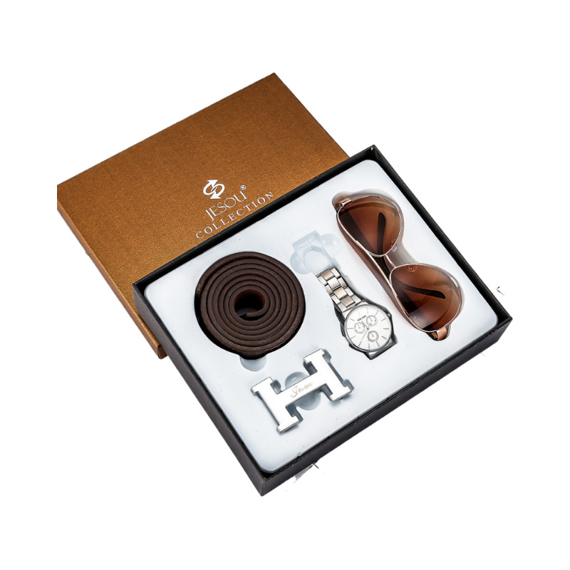 3Pcs/Set Business Gift Set Belt + Quartz Watch + Glasses Great Gift Choice Factory Direct Sales