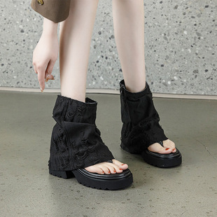 Martin boots women's 2025 summer new denim clip toe stocking boots European and American style niche design sense cool boots for women