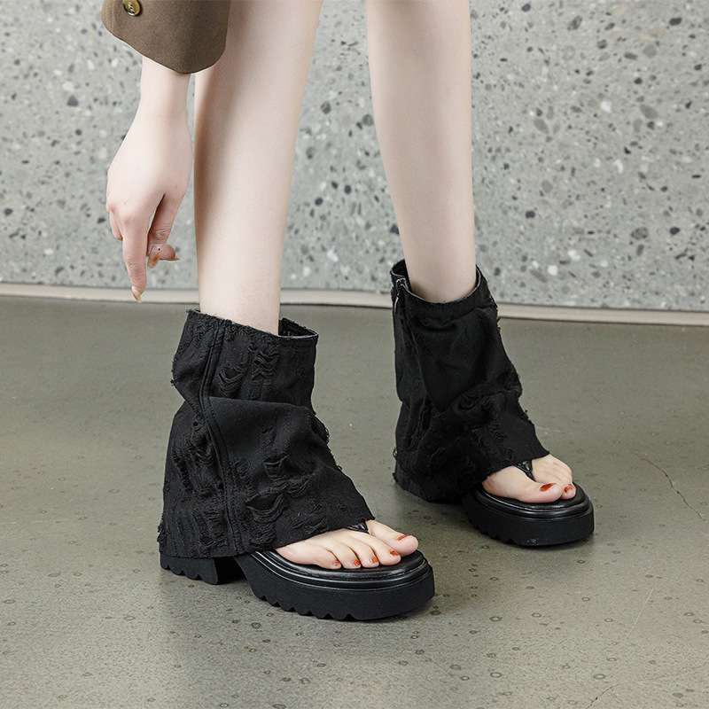 Martin Boots for Women 2026 Summer New Denim Thong-Toe Sock Boots European and American Style Niche Design Cool Boots for Women