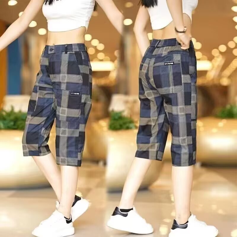 Summer Thin Plaid Patterned Men's Mid-Waist Loose Fit Versatile Straight-Leg Six-Pocket Casual Shorts