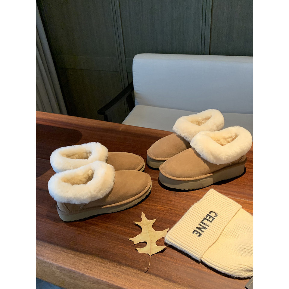 Bốt nữ cổ thấp da bò thật lót lông giữ ấm, đế dày 4 cm — Màu hạt dẻ (đế dày)