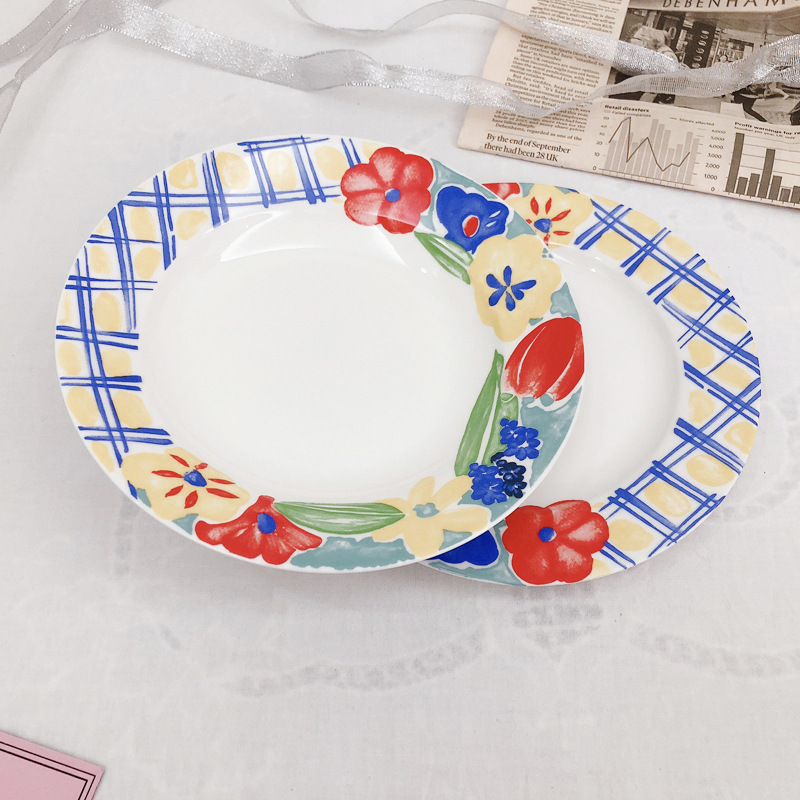 Korean ins Vintage Hand-painted Oil Painting Plaid Ceramic Soup Plate Western Food Plate Household Plate Cake Steak Dessert Plate