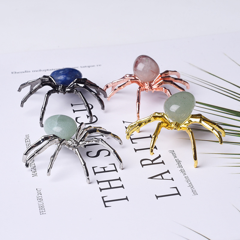 Natural White Powder Amethyst Green Dongling Blue Pattern Jade Raw Stone Rolling Stone Spider Shape Home Decorations Ornaments