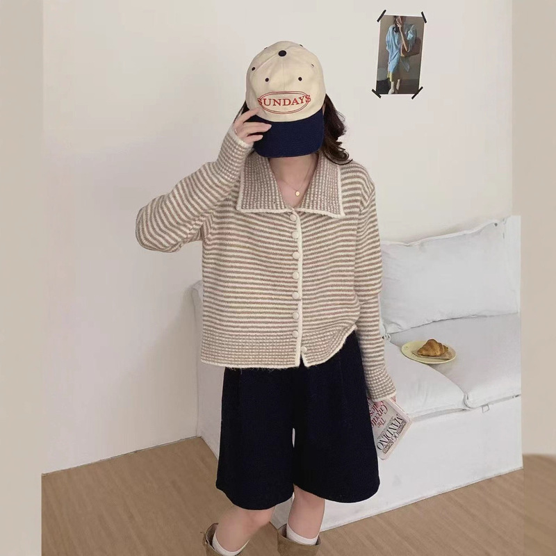 韩版拼色条纹毛衣外套女2025秋冬新款慵懒风柔软粗织翻立领开衫|undefined