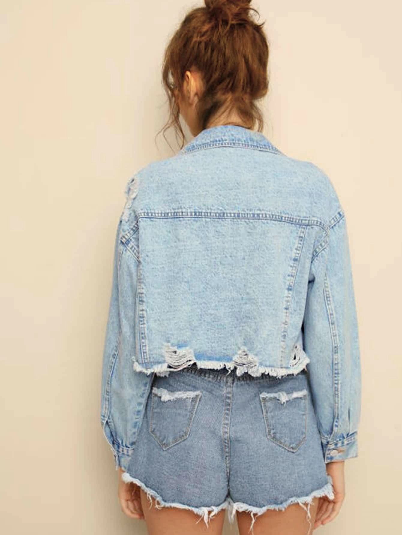 raw edge long sleeve slim ripped short denim jacket NSFH129999