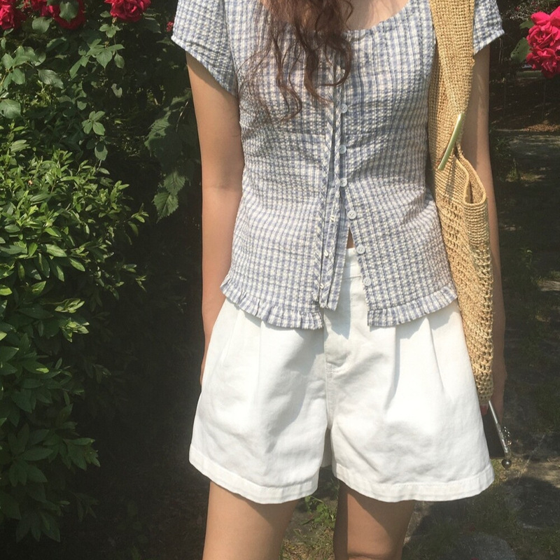 Korean Chic Summer Ruffled Single-Breasted Short-Sleeved Plaid Shirt Korean Chic Summer Ruffled Single-Breasted Short-Sleeved Plaid Shirt