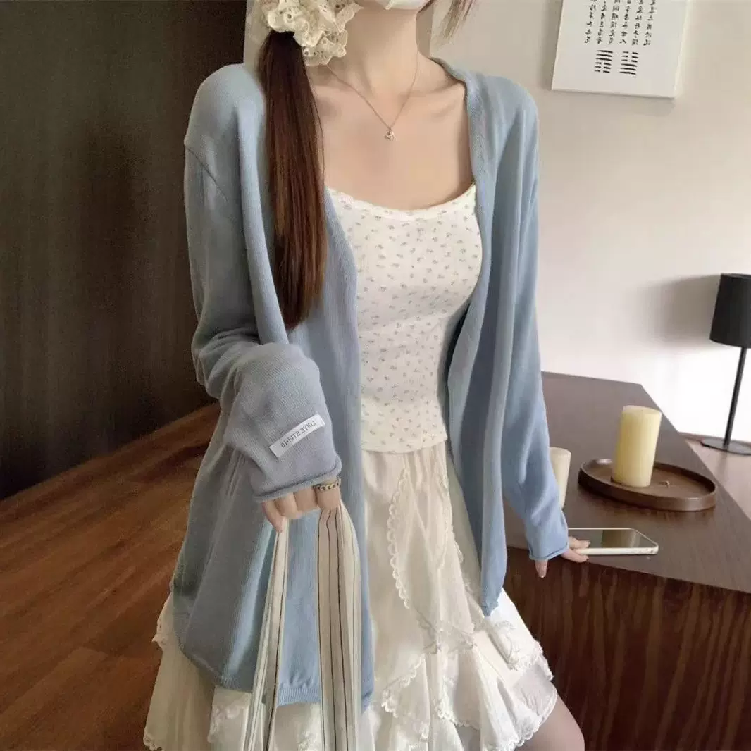 蓝色慵懒松弛感休闲防晒罩衫女夏季薄款宽松气质长袖针织开衫外套