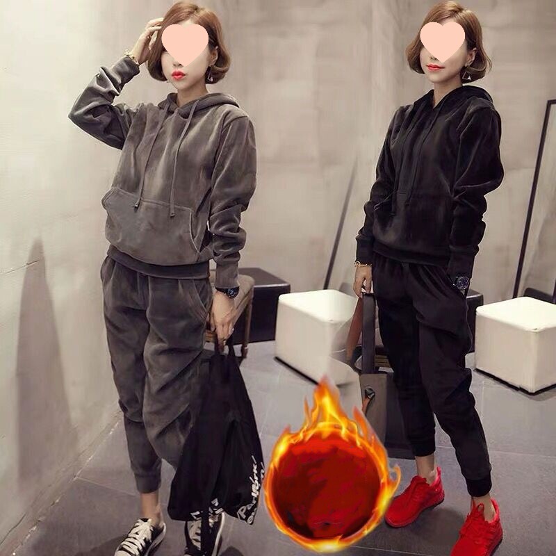 Golden Velvet Sports suit Women's Autumn and Winter Clothing Korean Style fleece-lined Thickened Hooded Hoodie Student Casual Fashion Two-piece Set