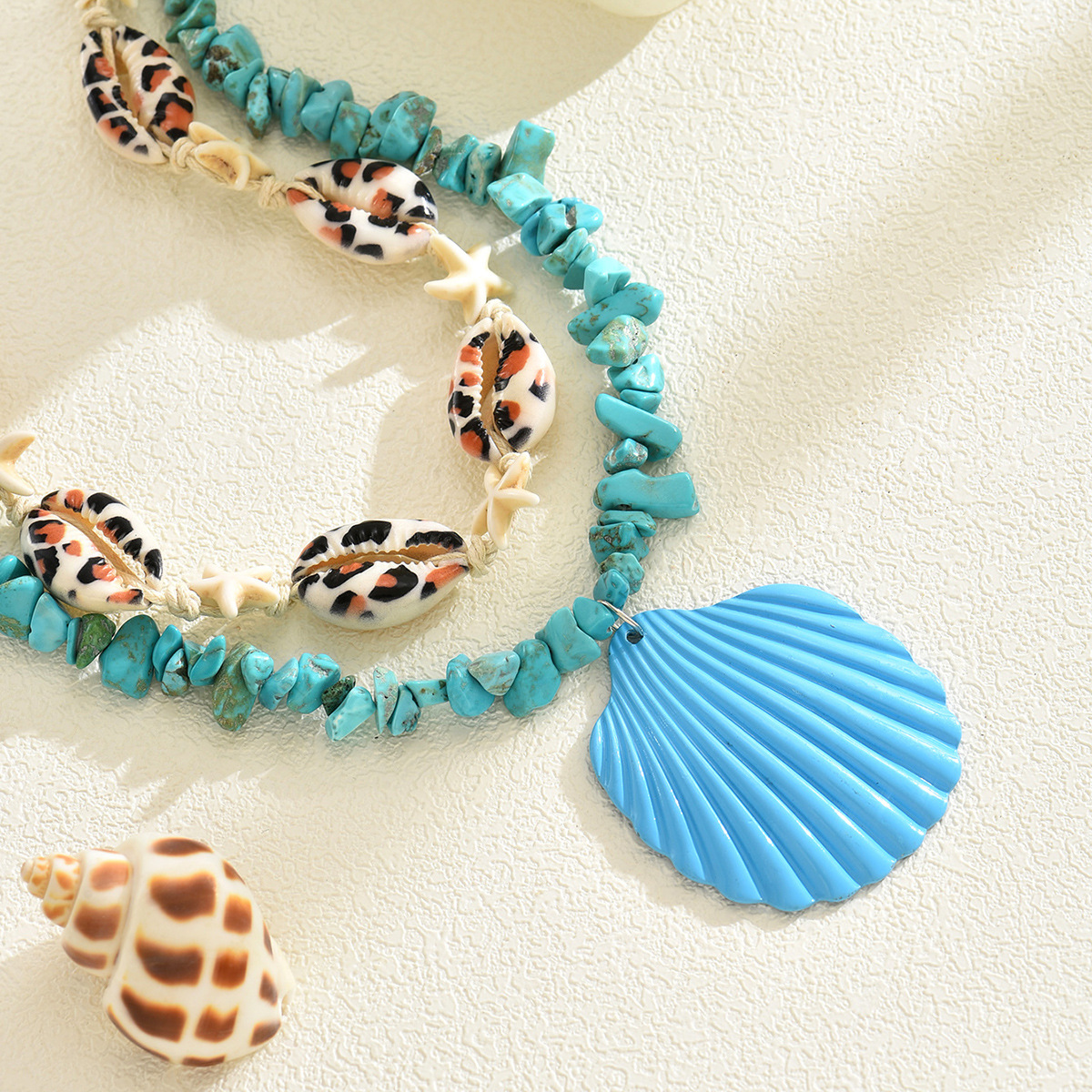 Fashion New Beautiful Fresh Sweet Blue Pendant Necklace Casual Vacation Summer Shell Layered Collarbone_voghion.com