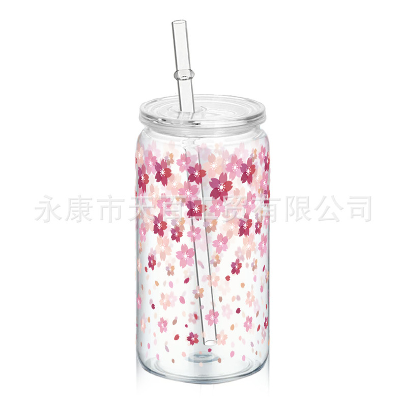 印花易拉罐造型可乐杯单层塑料吸管梅森杯子带盖网红饮料果汁水杯|undefined